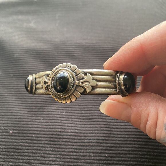 Vintage Sterling Silver Triple Onyx Stone Cuff Bracelet. Trading Post. 925. - Picture 10 of 16